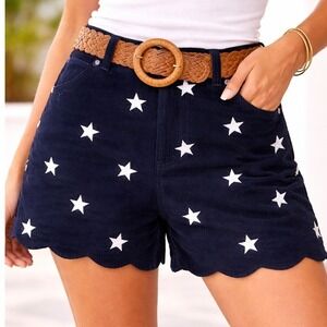 Lauren James America Navy Patriotic Star Embroidered Scalloped Shorts Womens M